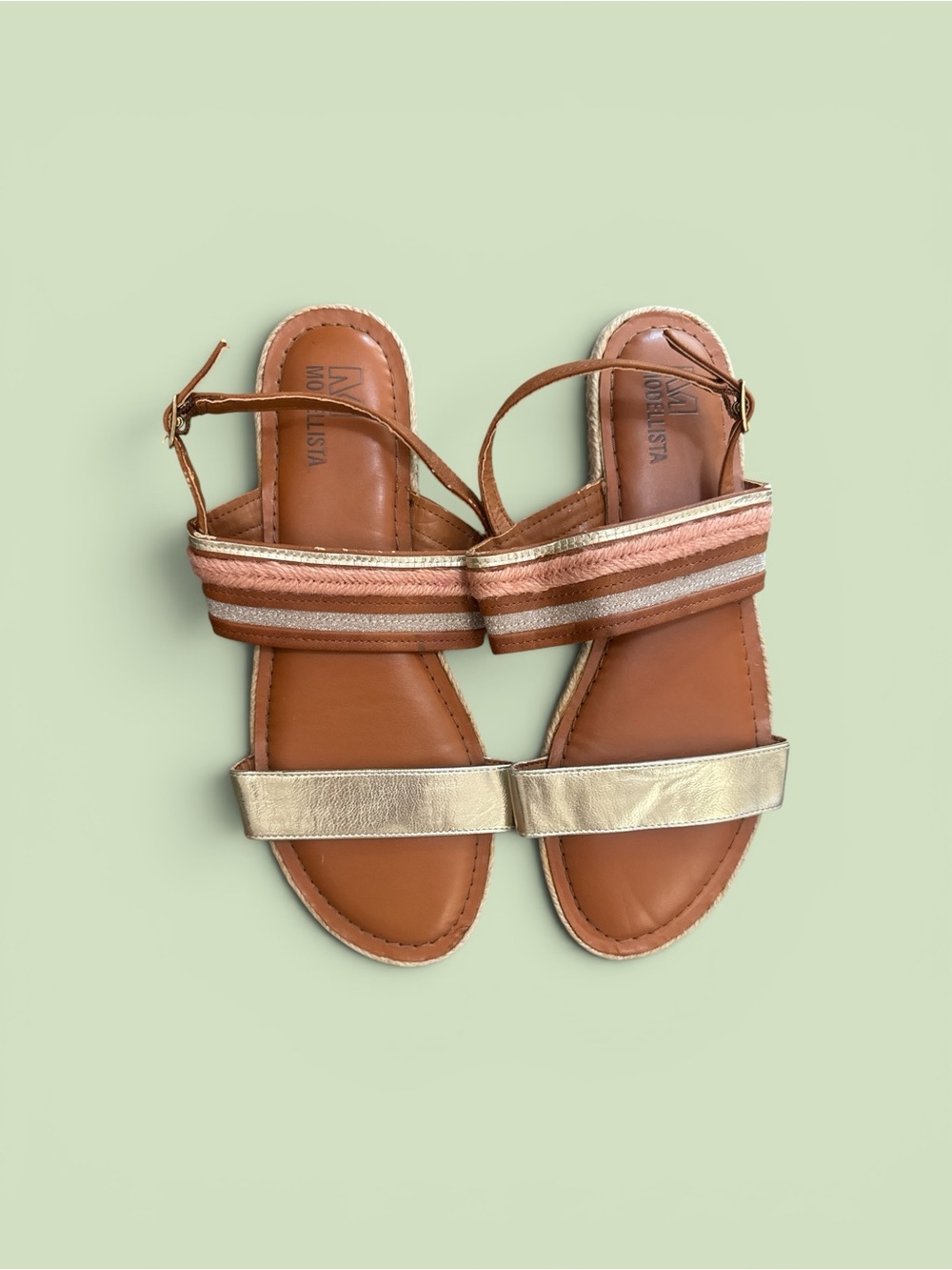 Modellista Chunky Strap Glam Gold & Tan Strappy Women's Size 9 Summer Sandals